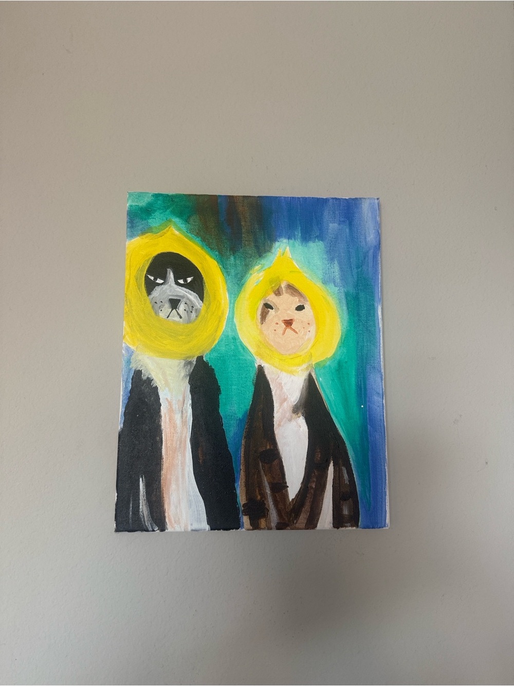 Yellow-Accent Cat & Dog Portrait Canvas Art